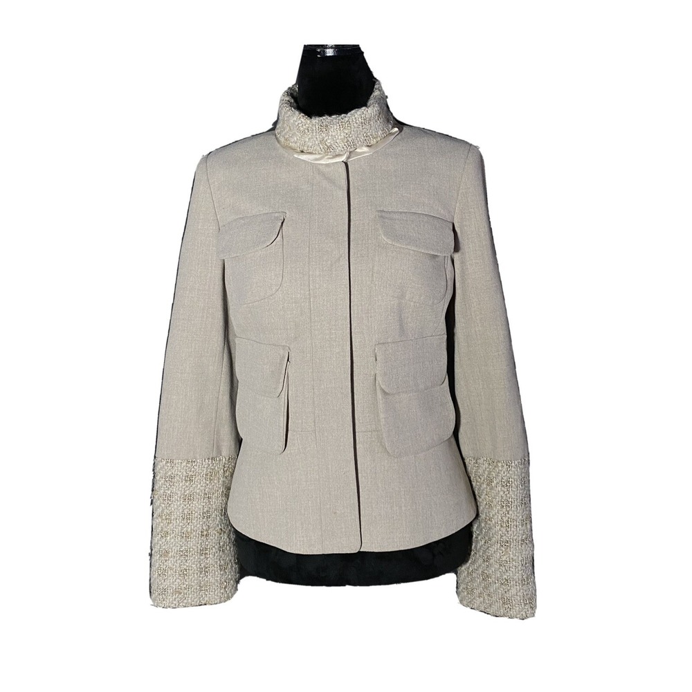 Etcetera Jacket 6  Beige Tweed Collar Cuff Metallic Lady Blazer4 Pocket Workwear
